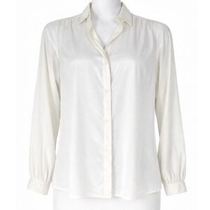 Halston III Ivory Silky Satin Button Down Blouse Career Chic Minimal Sz 10